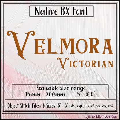 Velmora BX Fonts and Lettering Stitch Files, Victorian Deco Alphabet Machine Embroidery (3708)