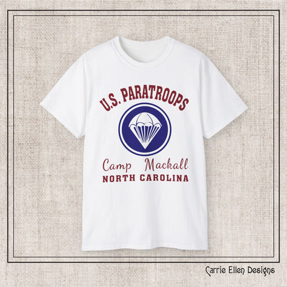 US Paratroops Camp Mackall North Carolina Short Sleeve Tee – Vintage WWII U.S. Army Reproduction T-Shirt, Military Pride Tee, Veteran Gift (P-6055)