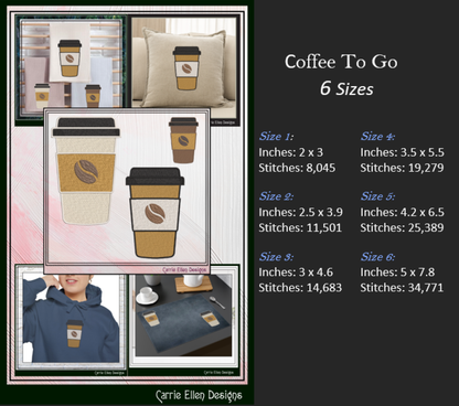To Go Coffee Cup Machine Embroidery Design | Fun Coffee Lovers Stitch Pattern (3780)