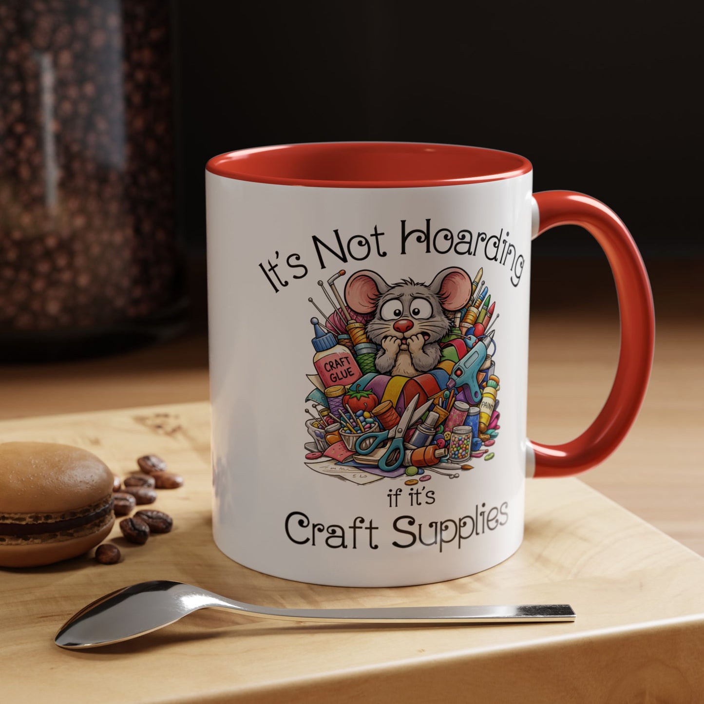 Craft Supply Hoarding Mouse Ceramic Mug | Funny Crafter Color Accent Mug (3857)