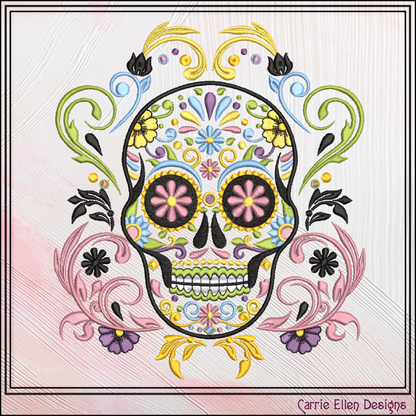 Sugar Skull with Swirls & Flowers – Day of the Dead Machine Embroidery Design | Dia de los Muertos, 6 Sizes (3762)