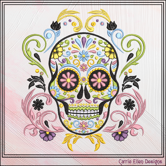 Sugar Skull with Swirls & Flowers – Day of the Dead Machine Embroidery Design | Dia de los Muertos, 6 Sizes (3762)