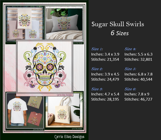 Sugar Skull with Swirls & Flowers – Day of the Dead Machine Embroidery Design | Dia de los Muertos, 6 Sizes (3762)