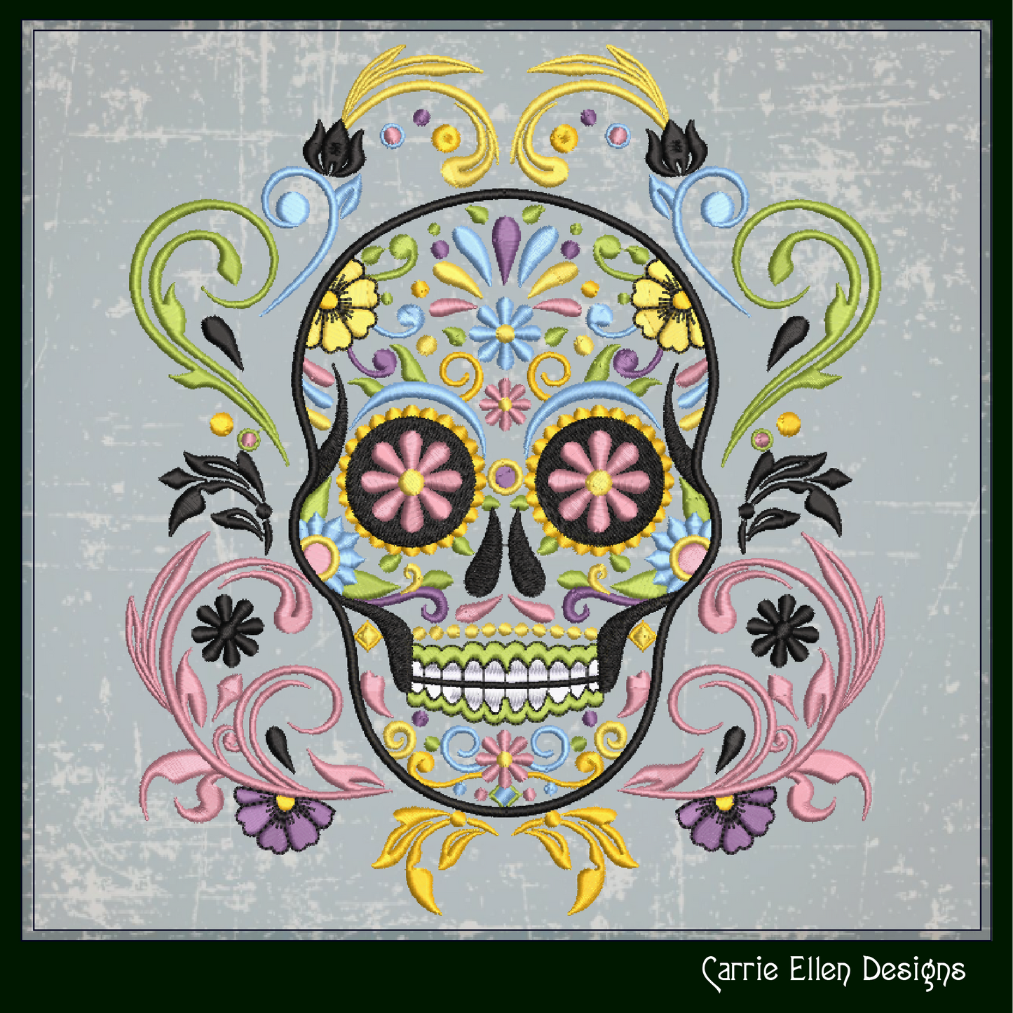 Sugar Skull with Swirls & Flowers – Day of the Dead Machine Embroidery Design | Dia de los Muertos, 6 Sizes (3762)