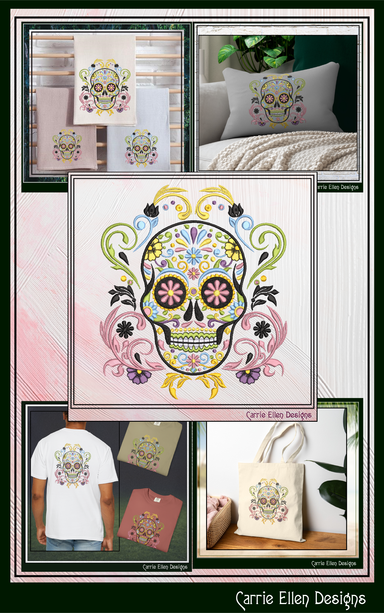 Sugar Skull with Swirls & Flowers – Day of the Dead Machine Embroidery Design | Dia de los Muertos, 6 Sizes (3762)