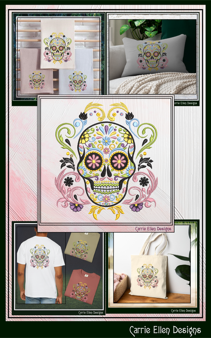 Sugar Skull with Swirls & Flowers – Day of the Dead Machine Embroidery Design | Dia de los Muertos, 6 Sizes (3762)