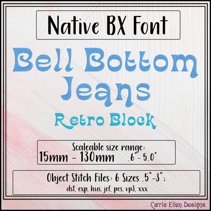 Bell Bottom Jeans BX Fonts and Lettering Stitch Files, Retro Boho Block Alphabet Machine Embroidery (3764)
