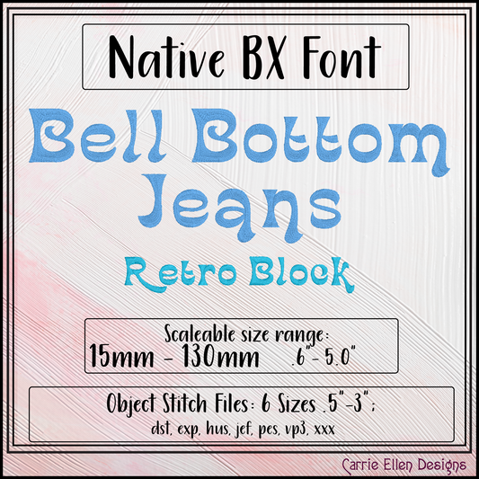 Bell Bottom Jeans BX Fonts and Lettering Stitch Files, Retro Boho Block Alphabet Machine Embroidery (3764)