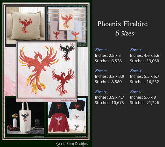 Phoenix Bird in Flight Embroidery Design | Mythical Firebird Machine Stitch Pattern, 6 Sizes (3769)
