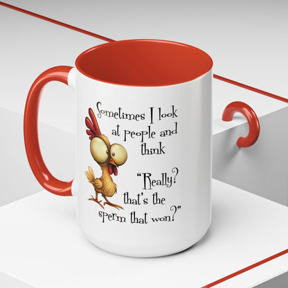 Funny Sarcastic Quote Mug | “That’s the Sperm That Won?” Colored Accent Coffee Mug 11oz & 15oz (3818)