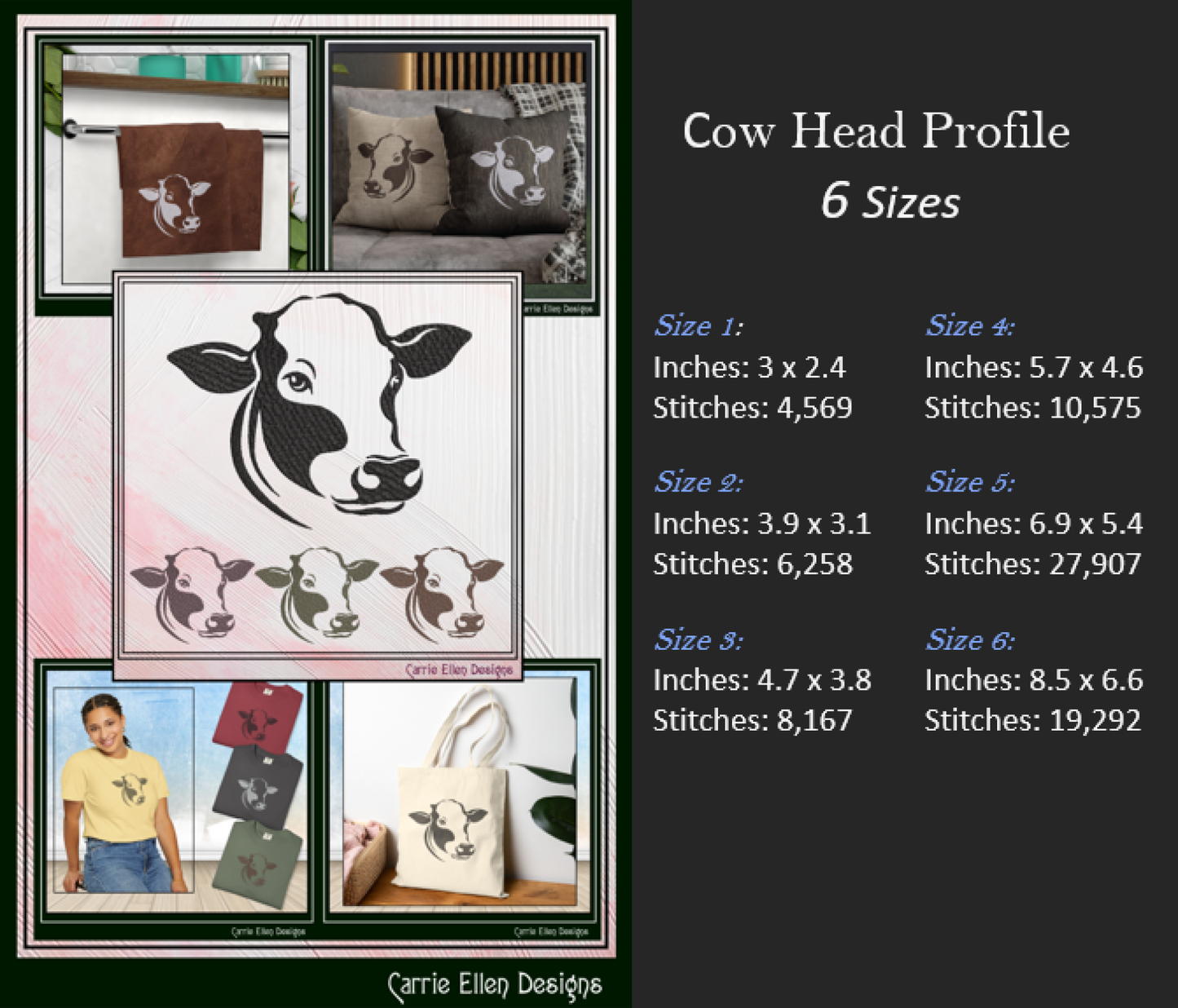 Cow Head Profile – Farm Animal Machine Embroidery Design | Rustic Western Livestock Art, 6 Sizes (3822)