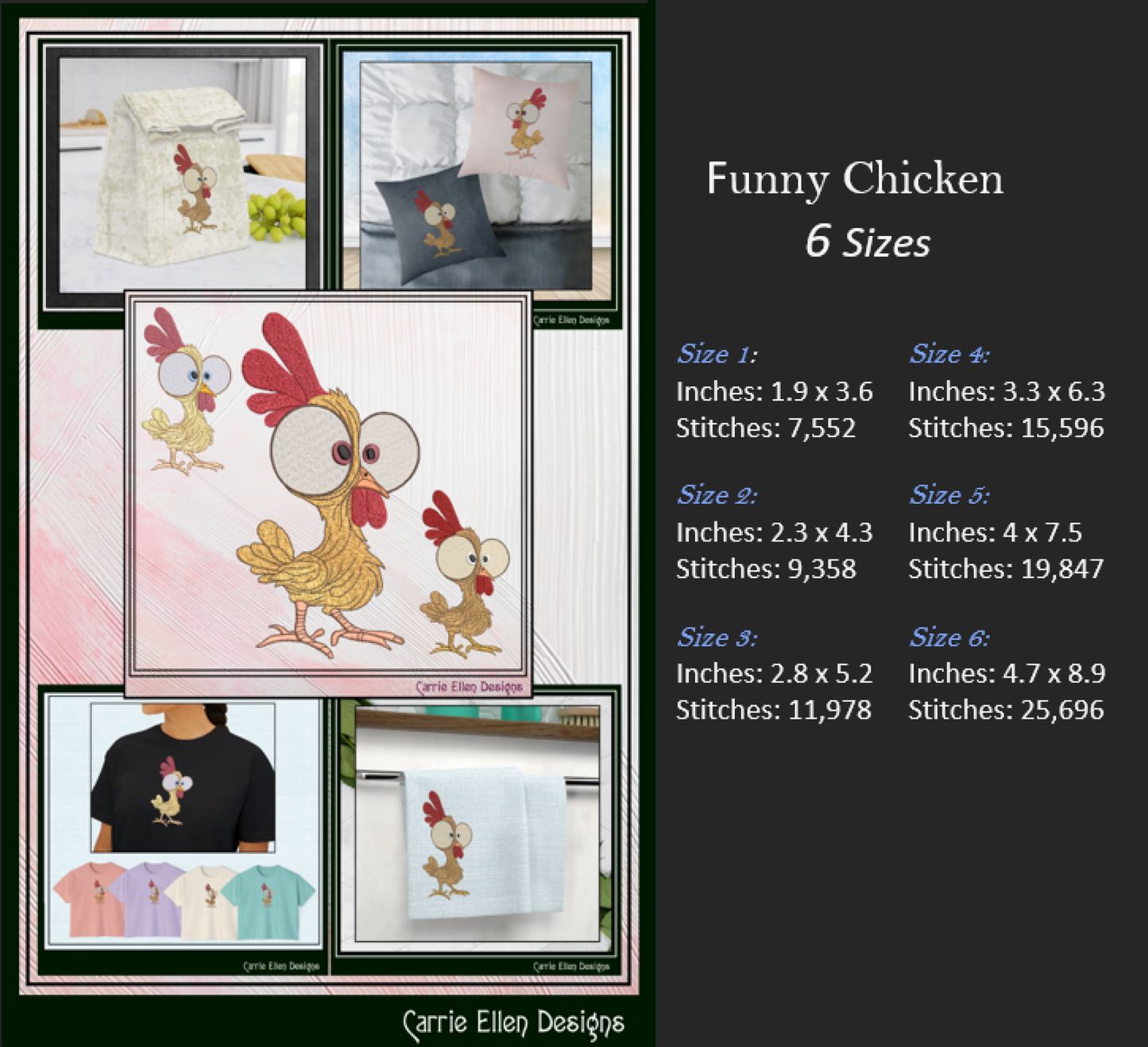 Funny Bug-Eyed Chicken Machine Embroidery Design | Cartoon Chicken Embroidery File | Farm Animal Stitch Pattern, 6 Sizes, (3824)