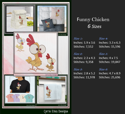 Funny Bug-Eyed Chicken Machine Embroidery Design | Cartoon Chicken Embroidery File | Farm Animal Stitch Pattern, 6 Sizes, (3824)