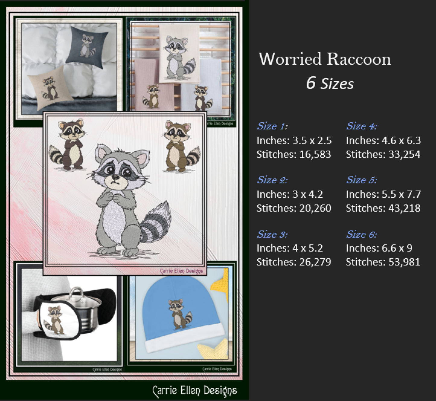 Worried Raccoon Machine Embroidery Design | Cute Anxious Woodland Animal Stitch File, 6 Sizes (3828)