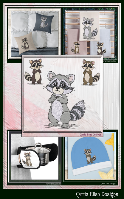 Cute Raccoon Machine Embroidery Design Bundle | 5 Woodland Raccoon Stitch Files, 6 Sizes (4146)