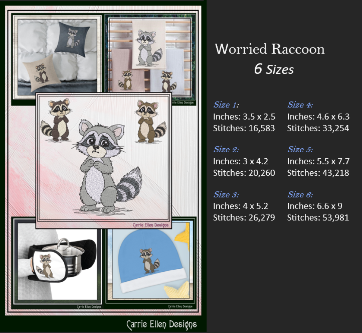 Cute Raccoon Machine Embroidery Design Bundle | 5 Woodland Raccoon Stitch Files, 6 Sizes (4146)