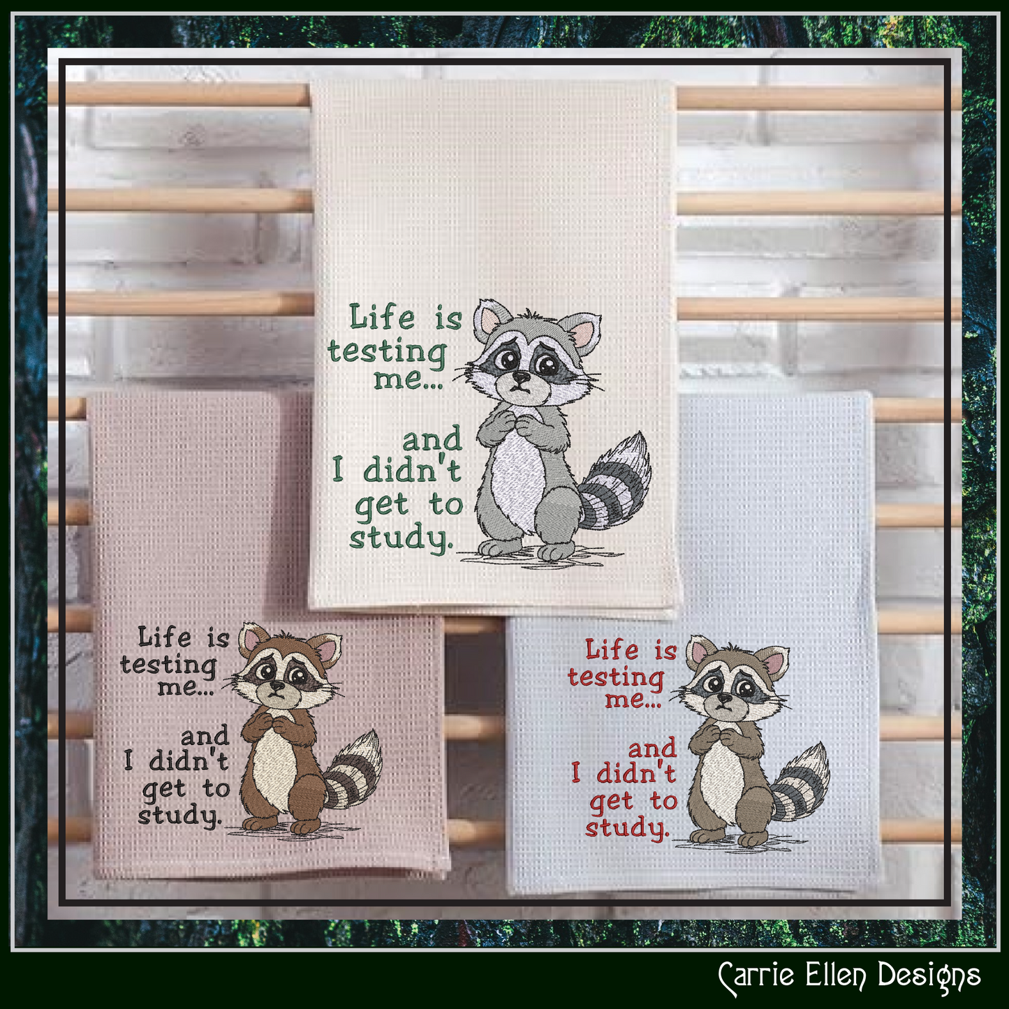 Life Is Testing Me Machine Embroidery Design | Funny Raccoon Quote Stitch File, 6 Sizes (3829)