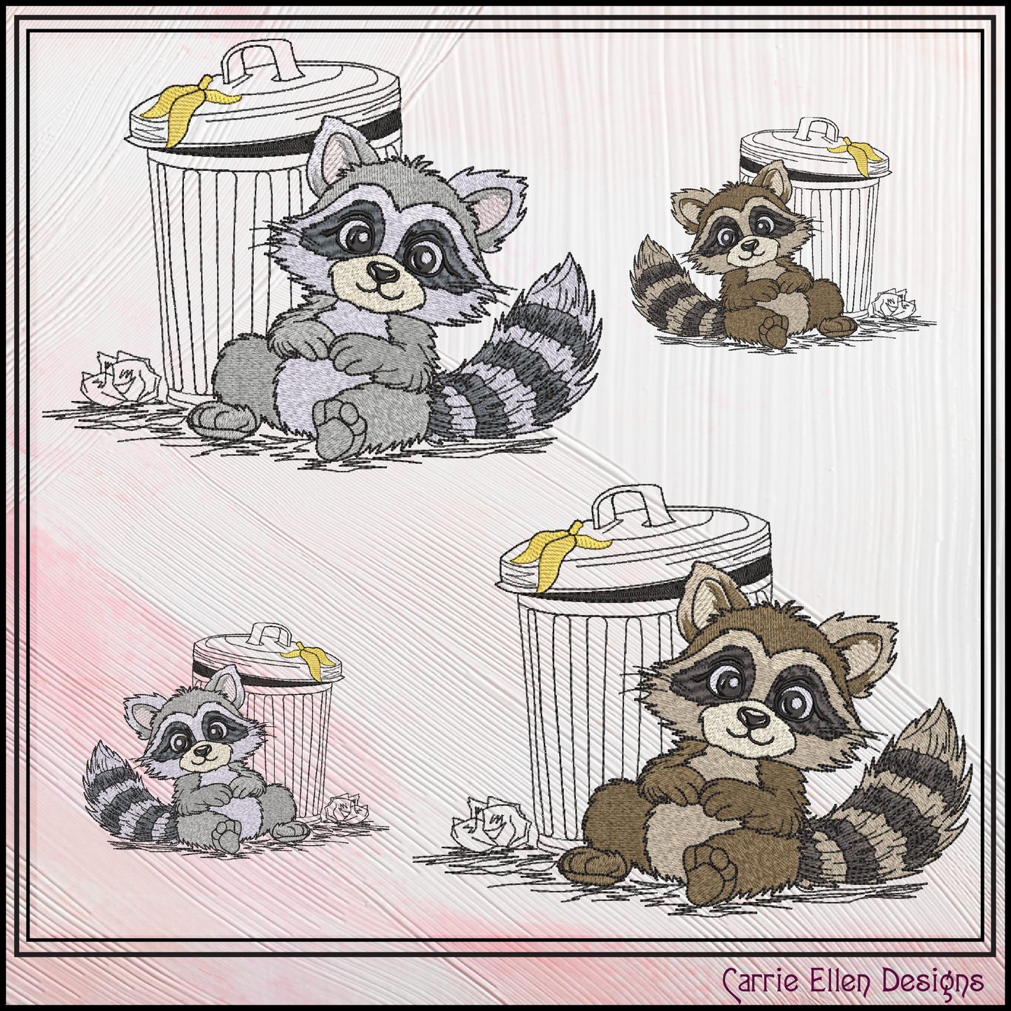 Trash Can Raccoon Machine Embroidery Design | Cute Dumpster Bandit Cartoon Stitch File, 6 Sizes (3830)