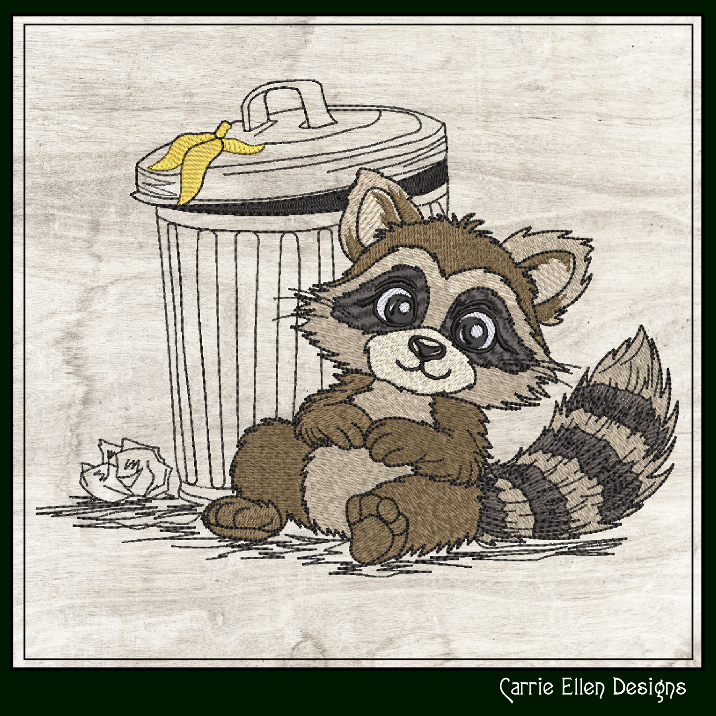 Trash Can Raccoon Machine Embroidery Design | Cute Dumpster Bandit Cartoon Stitch File, 6 Sizes (3830)