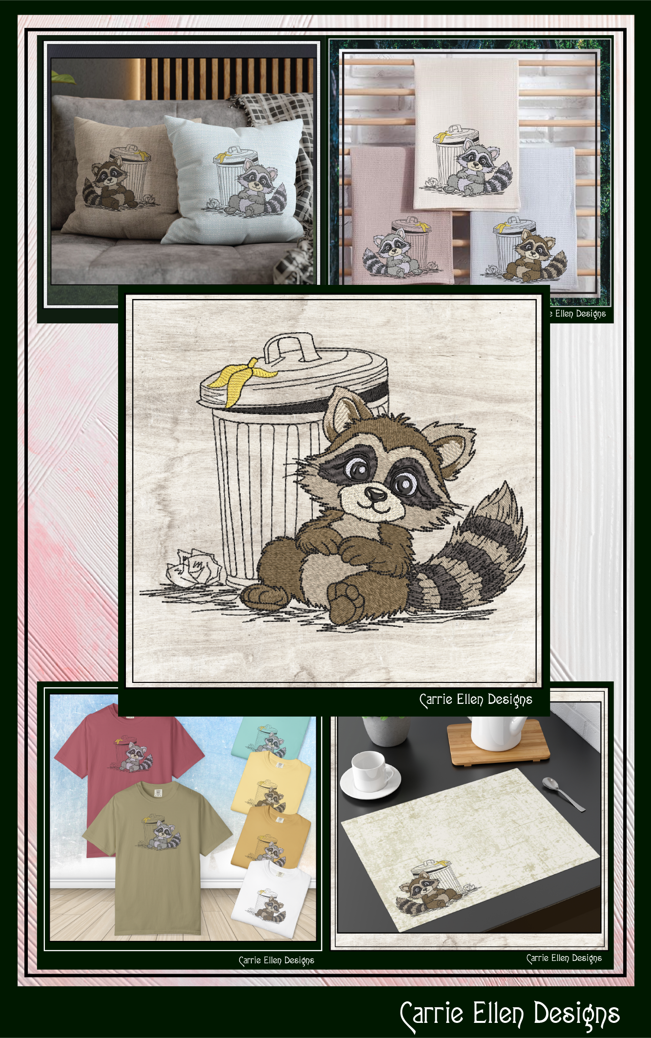 Cute Raccoon Machine Embroidery Design Bundle | 5 Woodland Raccoon Stitch Files, 6 Sizes (4146)