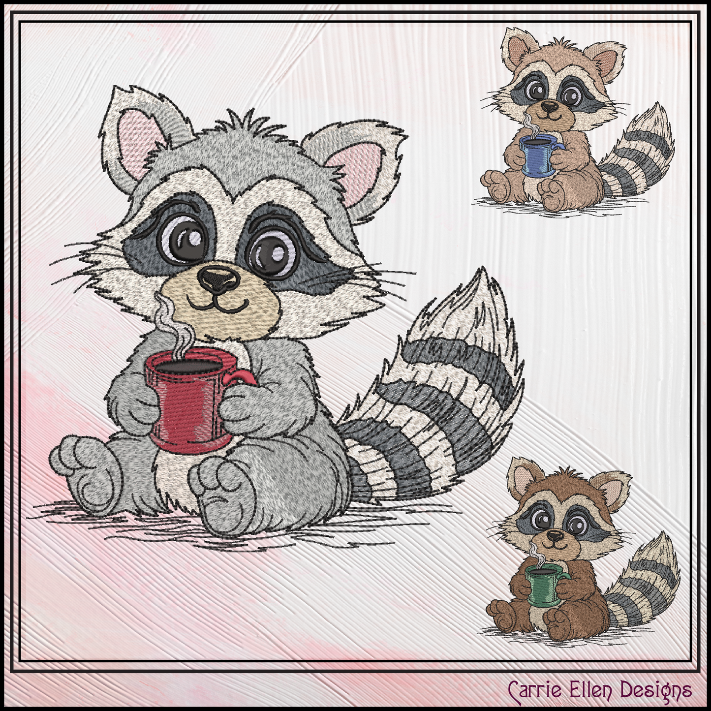 Raccoon With Warm Coffee Machine Embroidery Design | Cute Cozy Cartoon Raccoon Stitch File, 6 Sizes (3831)