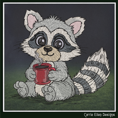 Raccoon With Warm Coffee Machine Embroidery Design | Cute Cozy Cartoon Raccoon Stitch File, 6 Sizes (3831)