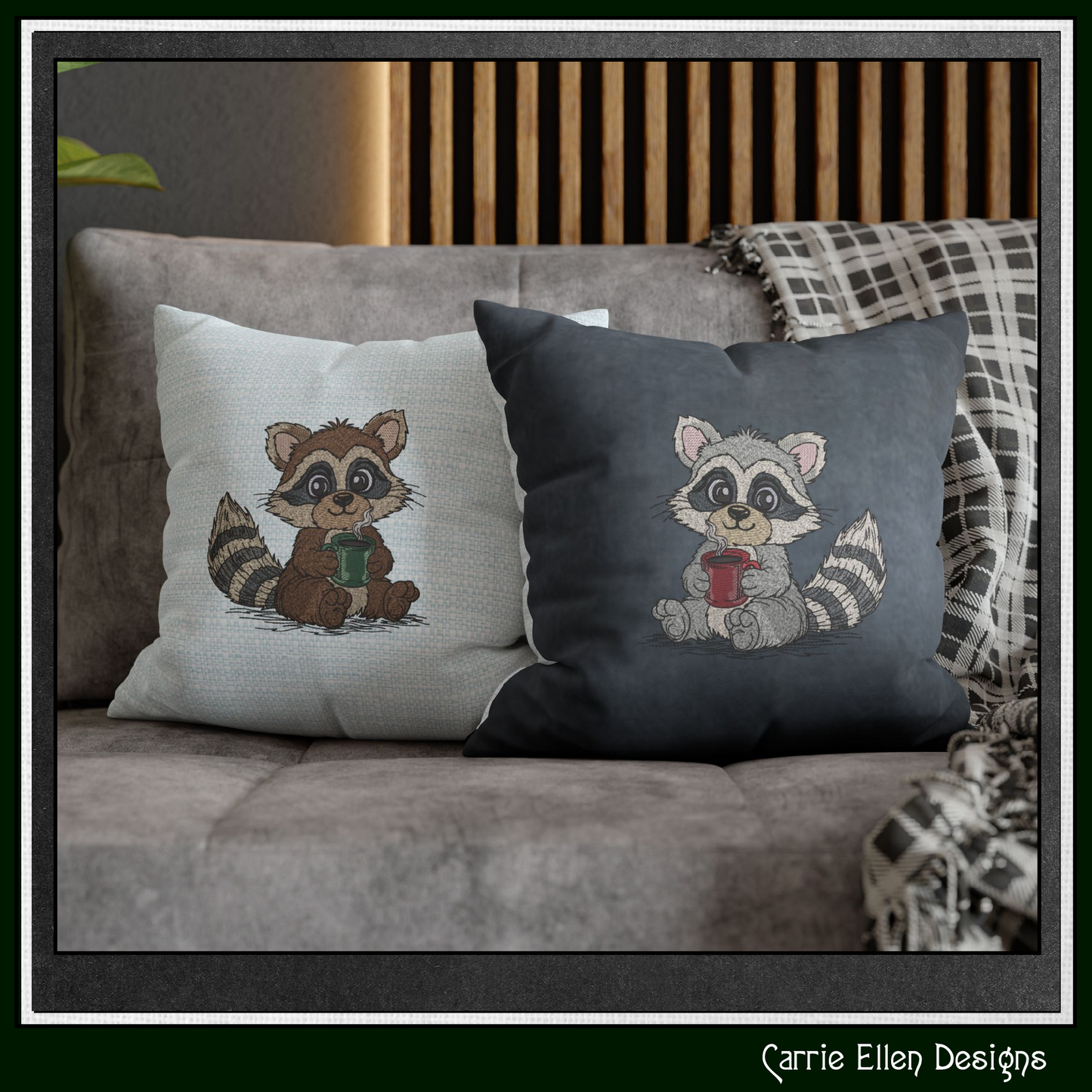 Raccoon With Warm Coffee Machine Embroidery Design | Cute Cozy Cartoon Raccoon Stitch File, 6 Sizes (3831)