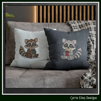 Raccoon With Warm Coffee Machine Embroidery Design | Cute Cozy Cartoon Raccoon Stitch File, 6 Sizes (3831)