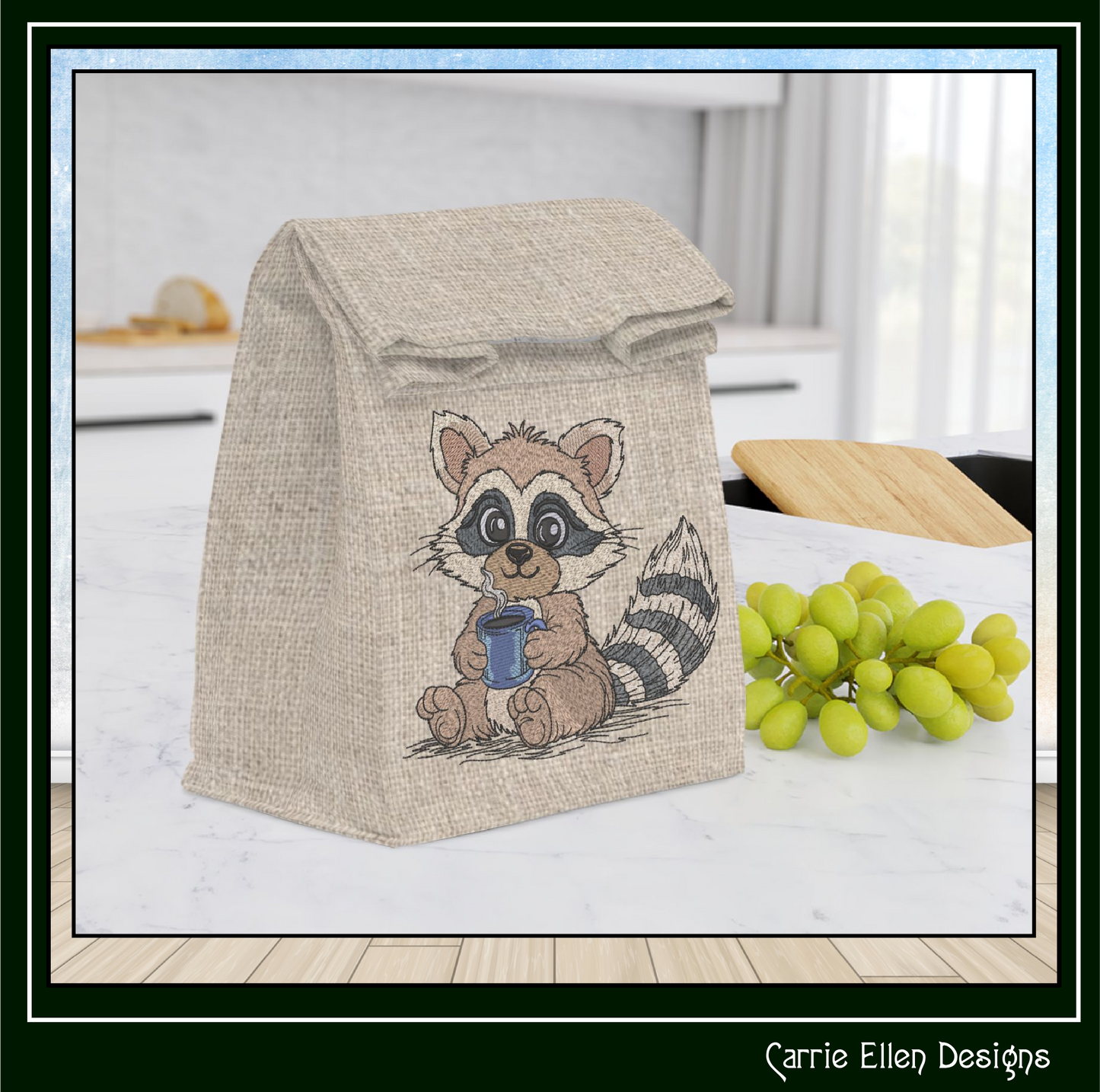 Raccoon With Warm Coffee Machine Embroidery Design | Cute Cozy Cartoon Raccoon Stitch File, 6 Sizes (3831)