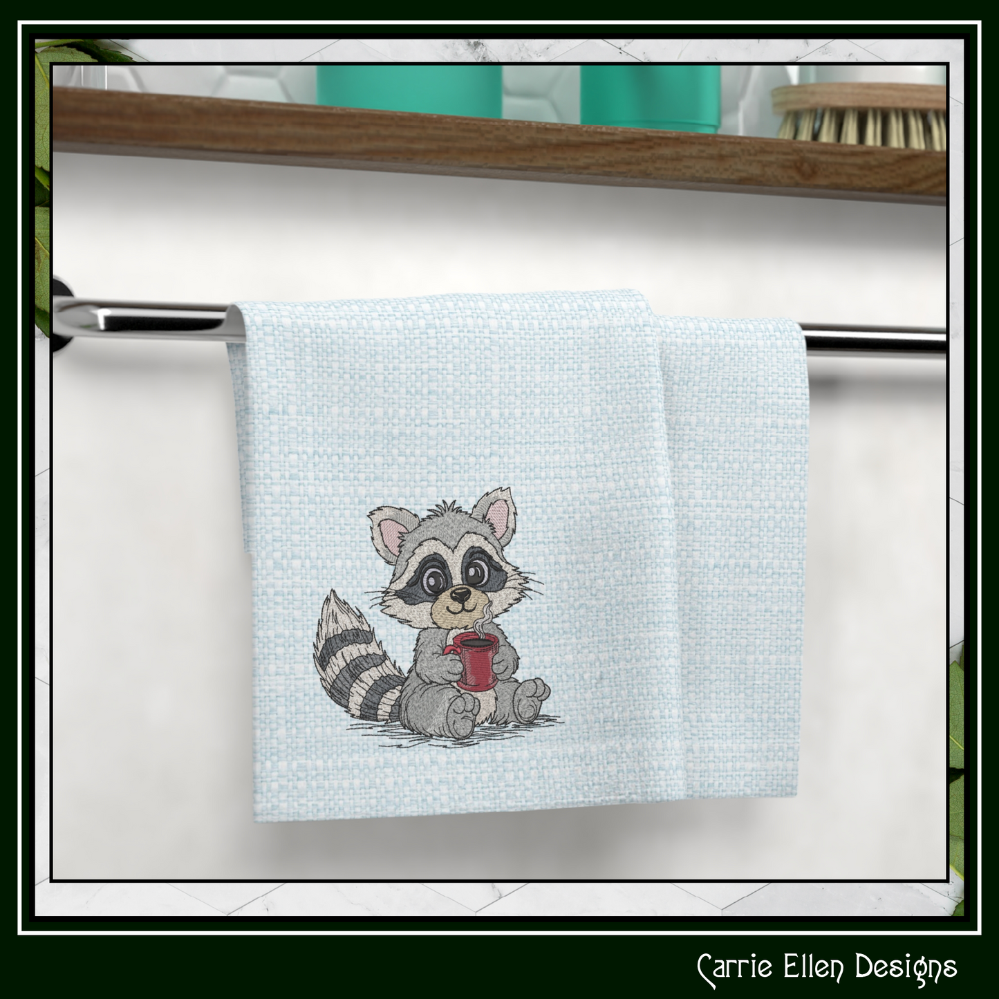 Raccoon With Warm Coffee Machine Embroidery Design | Cute Cozy Cartoon Raccoon Stitch File, 6 Sizes (3831)