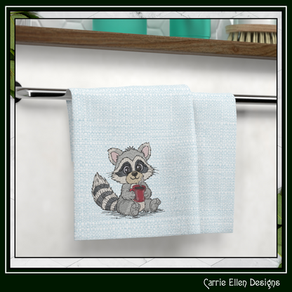 Raccoon With Warm Coffee Machine Embroidery Design | Cute Cozy Cartoon Raccoon Stitch File, 6 Sizes (3831)