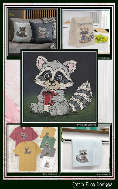 Cute Raccoon Machine Embroidery Design Bundle | 5 Woodland Raccoon Stitch Files, 6 Sizes (4146)