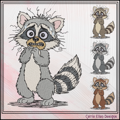 Nervous Raccoon Machine Embroidery Design | Cute Anxious Cartoon Raccoon Stitch File, 6 Sizes (3838)
