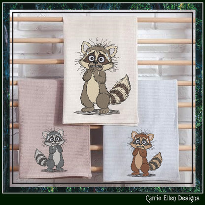 Nervous Raccoon Machine Embroidery Design | Cute Anxious Cartoon Raccoon Stitch File, 6 Sizes (3838)