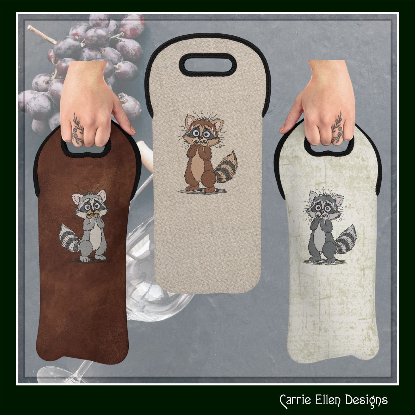 Nervous Raccoon Machine Embroidery Design | Cute Anxious Cartoon Raccoon Stitch File, 6 Sizes (3838)