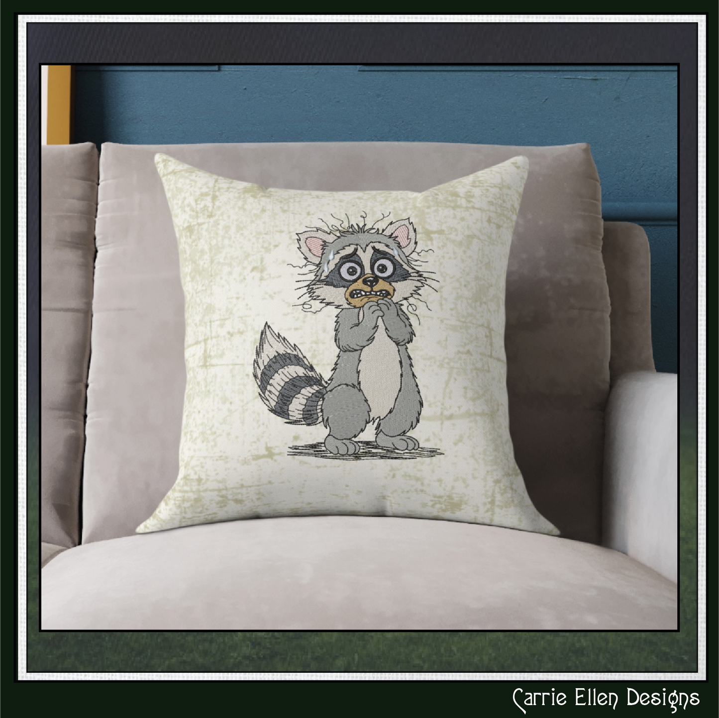 Nervous Raccoon Machine Embroidery Design | Cute Anxious Cartoon Raccoon Stitch File, 6 Sizes (3838)