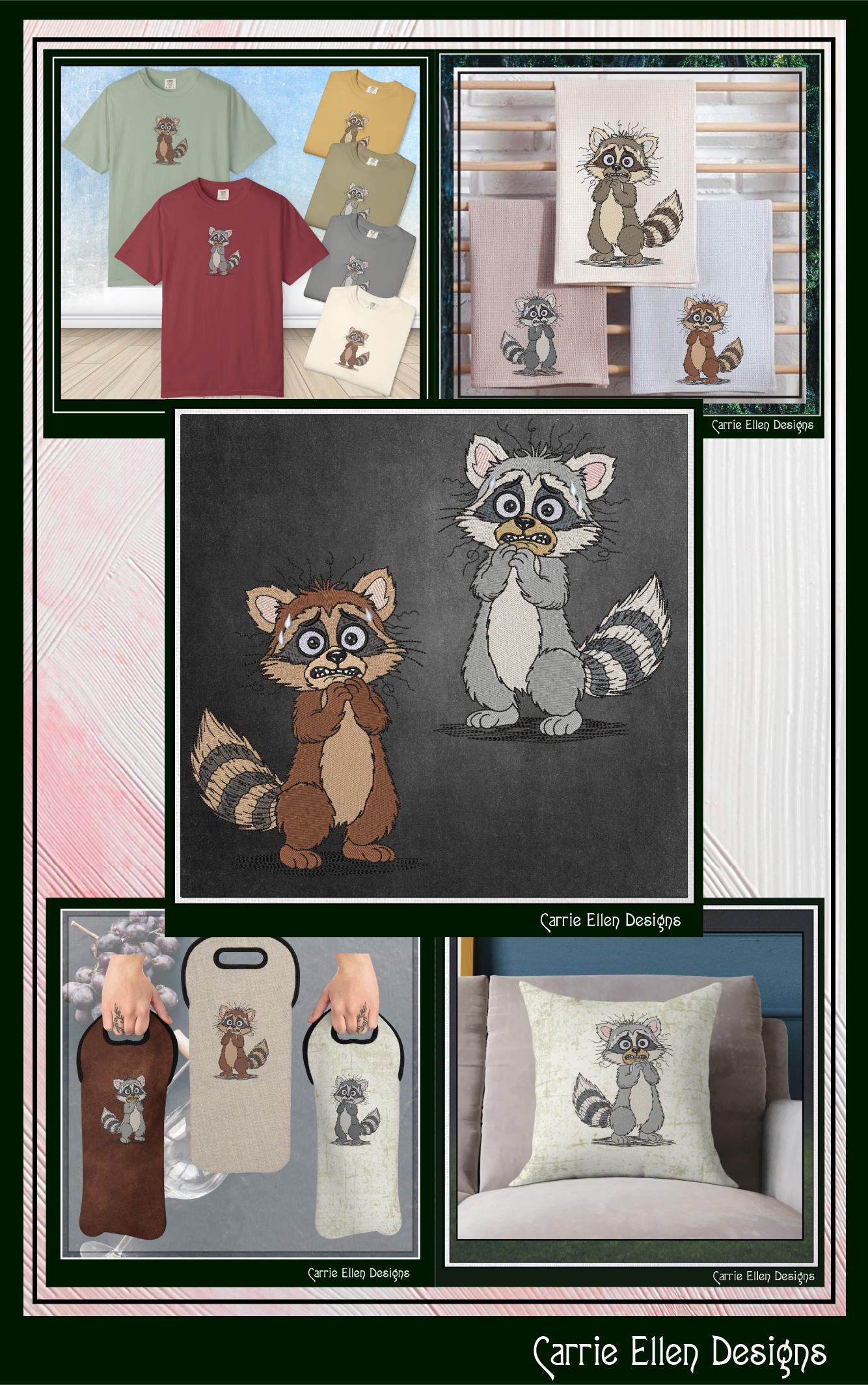 Cute Raccoon Machine Embroidery Design Bundle | 5 Woodland Raccoon Stitch Files, 6 Sizes (4146)