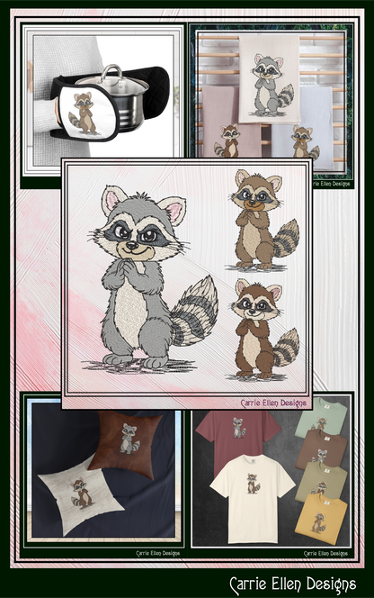 Cute Raccoon Machine Embroidery Design Bundle | 5 Woodland Raccoon Stitch Files, 6 Sizes (4146)