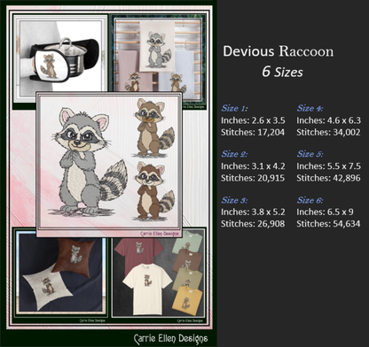 Cute Raccoon Machine Embroidery Design Bundle | 5 Woodland Raccoon Stitch Files, 6 Sizes (4146)