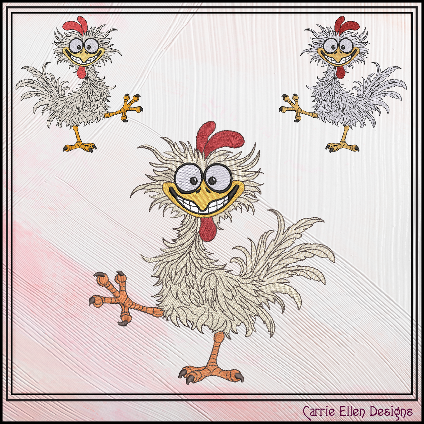 Crazy Chicken Machine Embroidery Design | Funny Cartoon Rooster Stitch File, 6 Sizes (3841)
