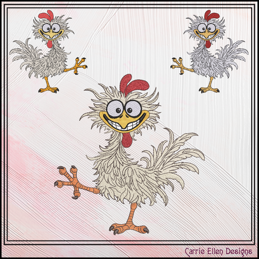 Crazy Chicken Machine Embroidery Design | Funny Cartoon Rooster Stitch File, 6 Sizes (3841)