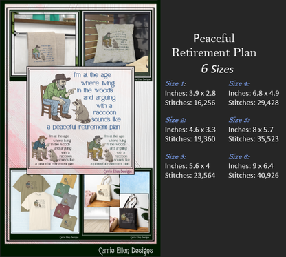 Peaceful Retirement Plan – Funny Machine Embroidery Design | Man Arguing with Raccoon Humor, 6 Sizes (3843)
