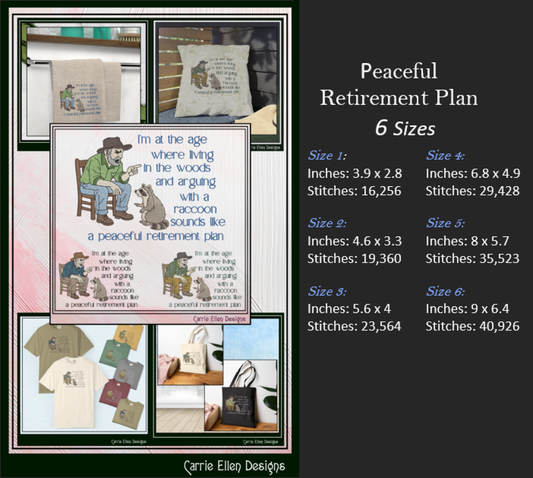 Peaceful Retirement Plan – Funny Machine Embroidery Design | Man Arguing with Raccoon Humor, 6 Sizes (3843)