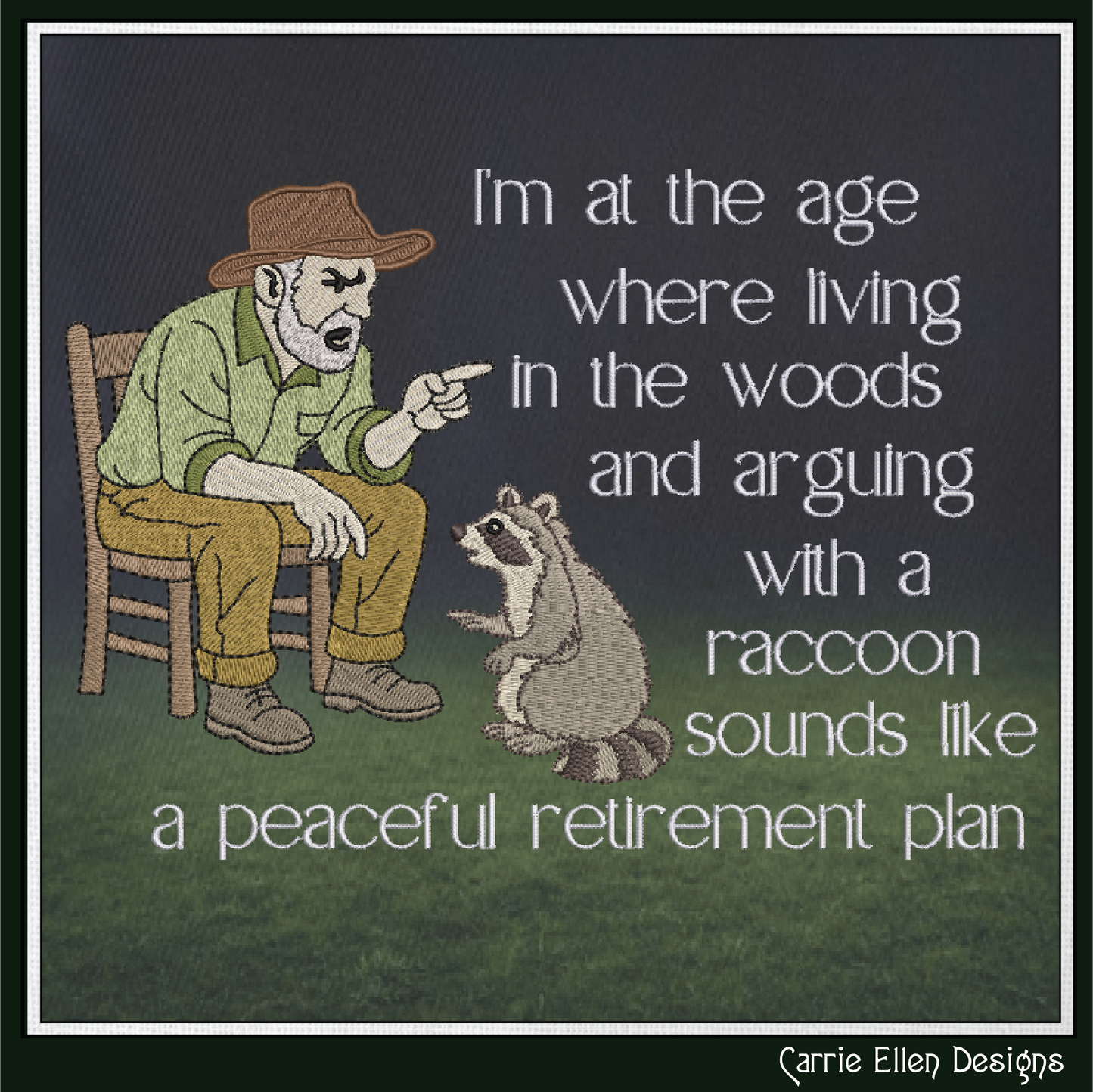 Peaceful Retirement Plan – Funny Machine Embroidery Design | Man Arguing with Raccoon Humor, 6 Sizes (3843)