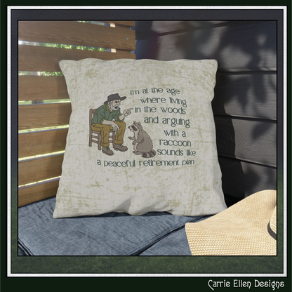 Peaceful Retirement Plan – Funny Machine Embroidery Design | Man Arguing with Raccoon Humor, 6 Sizes (3843)