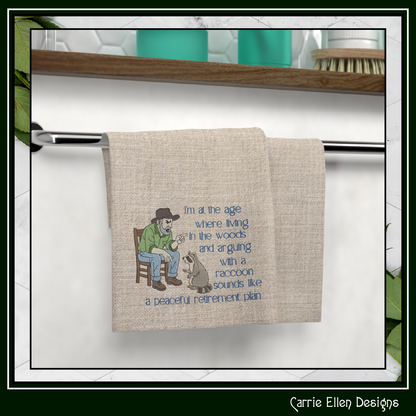 Peaceful Retirement Plan – Funny Machine Embroidery Design | Man Arguing with Raccoon Humor, 6 Sizes (3843)