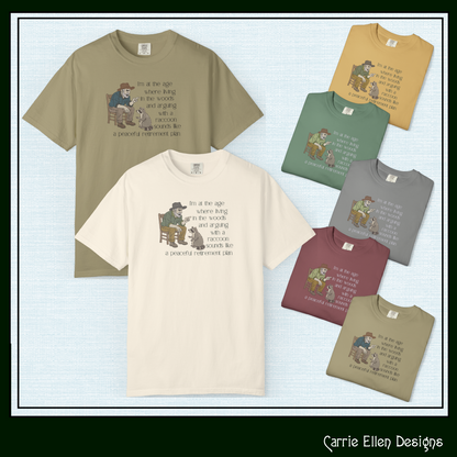 Peaceful Retirement Plan – Funny Machine Embroidery Design | Man Arguing with Raccoon Humor, 6 Sizes (3843)