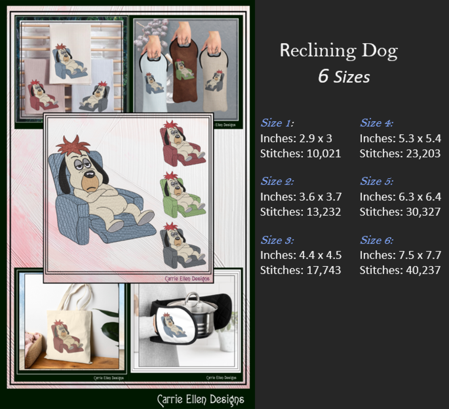 Lazy Reclining Dog Machine Embroidery Design | Funny Relaxed Cartoon Dog Stitch File, 6 Sizes (3844)