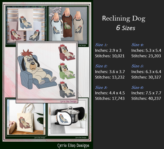 Lazy Reclining Dog Machine Embroidery Design | Funny Relaxed Cartoon Dog Stitch File, 6 Sizes (3844)