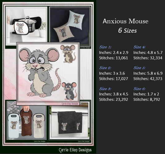 Anxious Mouse – Funny Cartoon Mouse Machine Embroidery Design | Quirky Nervous Character, 6 Sizes (3847)